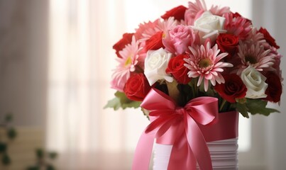 Bouquet of beautiful flowers in vase on light background, closeup