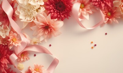 Top view of pink and white flowers on white background with copy space