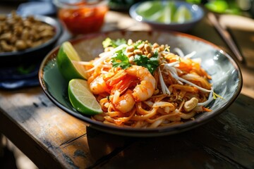 Tantalizing Taste of Thailand: Pad Thai, the Beloved Thai Street Food, Beckons with Stir-Fried Noodles, Succulent Shrimp, Tofu, and a Medley of Authentic Flavors Dancing on Your Palate - obrazy, fototapety, plakaty