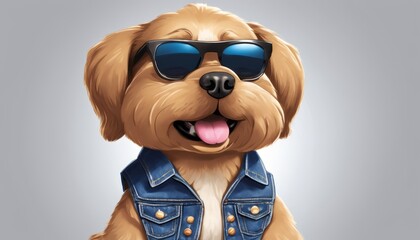 A cartoon dog wearing sunglasses and a denim vest - obrazy, fototapety, plakaty