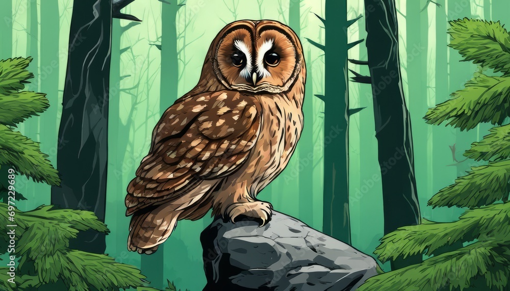 Wall mural An owl sits on a rock in a forest