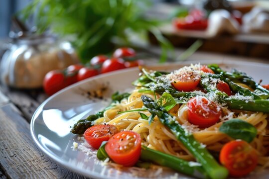 Celebrating Spring's Bounty: Pasta Primavera with Asparagus and Cherry Tomatoes, a Mediterranean Delight Featuring a Colorful Array of Fresh Vegetables, Linguine, and Artistic Flair on Every Plate