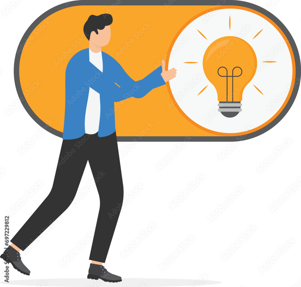 Poster turn on new idea, solution or innovation to solve problem, enable knowledge or creativity, toggle li