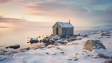 Small snow-covered hut by the lake