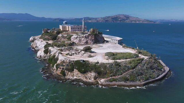 Aerial view of Alcatraz island in the San Francisco Bay. Close up view of the classical prison of Alcatraz, USA. 
