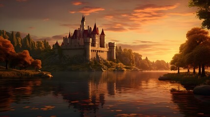 large castle at sunset - obrazy, fototapety, plakaty