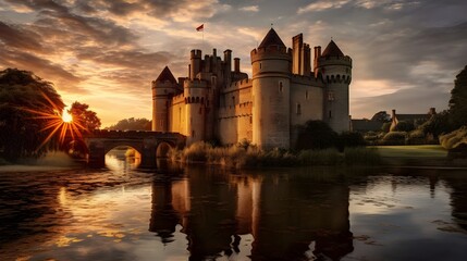 large castle at sunset