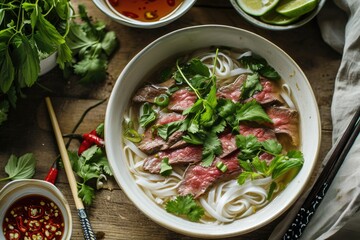 "Savoring Tranquility: A Captivating Photograph of Pho Bo, the Fragrant and Comforting Vietnamese Beef Noodle Soup, Showcasing Culinary Artistry and the Soul-Warming Elegance of Asian Cuisine