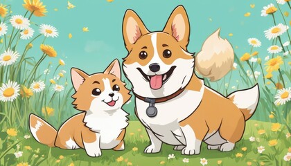 A cute cartoon of a corgi and a corgi puppy