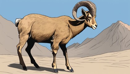 A ram with curved horns is walking in a desert - obrazy, fototapety, plakaty