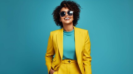 Full body happy cheerful Afro American woman wearing stylish yellow suit and trendy glasses standing isolated on blue background, looking at camera, winking her eye and smiling - obrazy, fototapety, plakaty