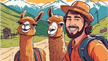A man with a backpack and a hat is smiling with two llamas