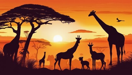 Fototapeta na wymiar A group of animals, including giraffes and deer, stand together in a field at sunset
