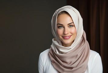 Confident young professional woman in hijab radiates joy against a clean white backdrop, islamic images