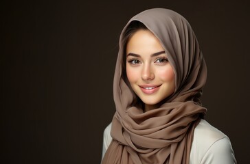 Smiling hawaiian woman in hijab radiates warmth and diversity on a white background, islamic images