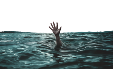 hand reaching out of the sea in seek of help. Drowning in despair concept. Troubled ocean. Plea for help. Grasping for air - Transparent background pen tool flawless cutout