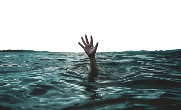 hand reaching out of the sea in seek of help. Drowning in despair concept. Troubled ocean. Plea for help. Grasping for air - Transparent background pen tool flawless cutout