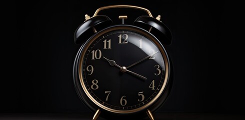 Black round old alarm clock on black background 