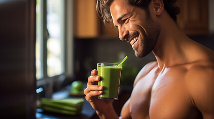 Healthy athletic man drinking green smoothie post workout at home, healthy concept.