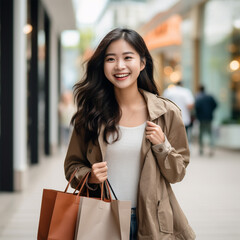 Cheerful Asian woman holding shopping bags. Beautiful Asian woman in casual style shopping in the city. ai technology