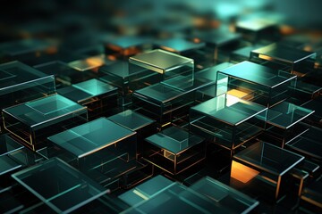 a green background with glowing lines and squares