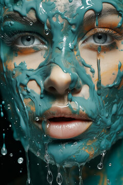  a woman covered blue paint mask with splashes of water