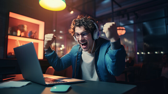 Young boy with euphoric gesture using a laptop and headphones