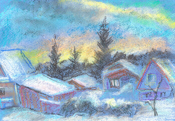 village in winter at sunset - 697232656
