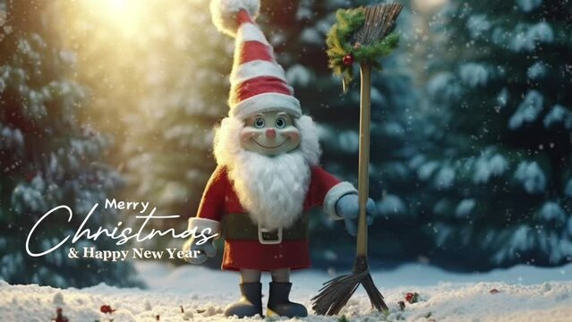 a santa doll on the snowy filed with merry christmas greeting animation