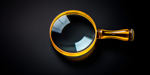 A Deep Dive into Focus, Searching, Research, Learning, and Minimal Creative Concepts with a Magnifying Glass  on black background  - obrazy, fototapety, plakaty
