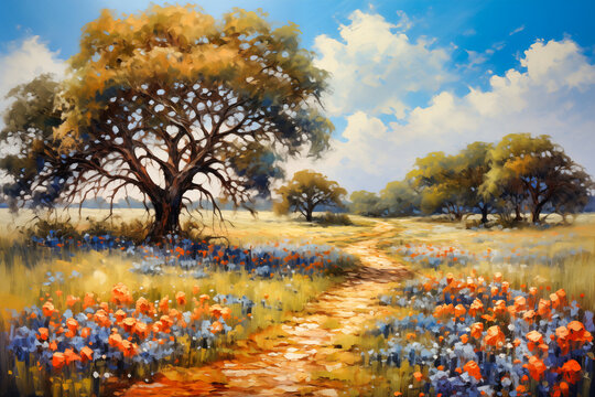 a painting of a field covered in bluebonnets and flowers