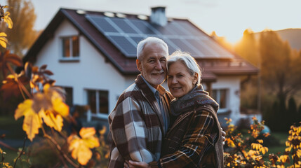 Smiling elderly couple standing in front of their home in the evening - obrazy, fototapety, plakaty