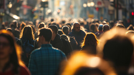 A huge crowd of people in the city rushes about their business during the day, selective focus - Powered by Adobe