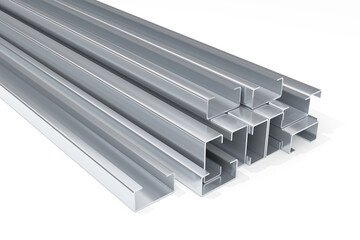 Metal steel product. steel C Beam. Stainless steel and galvanized. on white background. 3D rendering.