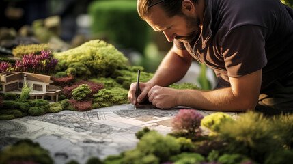 Landscape designer at work creatively brings ideas to life, crafting harmonious and beautiful landscapes inspired by the beauty of nature - obrazy, fototapety, plakaty