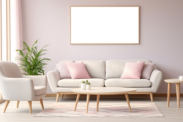 Mockup poster frame in modern interior living room. Generative AI illustration.