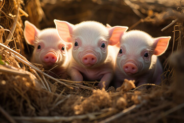 Funny newborn piglets in straw, hay