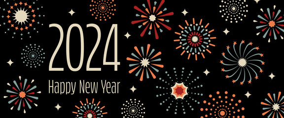 2024 Happy New Year - Schriftzug in englischer Sprache. - Frohes neues Jahr. Quadratische Grußkarte mit abstraktem Feuerwerk.