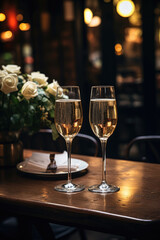 Two glasses of champagne and a bouquet of flowers on a table in a restaurant, a romantic date. Vertical orientation
