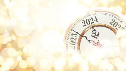 Vintage gold clock points to 2024 New Year on a beige bokeh background with fireworks, concept. New Year and Christmas card, creative idea. Celebration and party