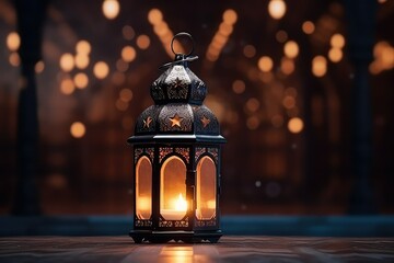 Ornamental Arabic lantern with burning candle glowing at night. - obrazy, fototapety, plakaty