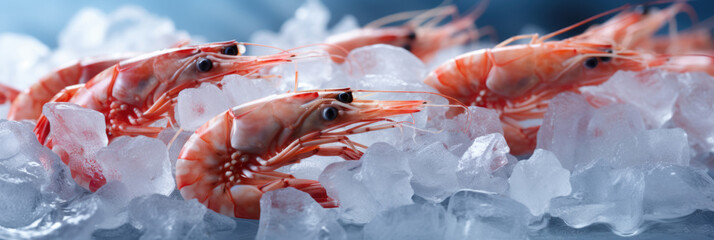 Fresh raw frozen shrimp in ice
