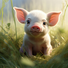 Young little pig in green grass