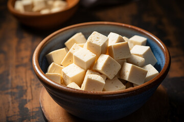 Fototapeta na wymiar Raw Tofu cubes in bowl