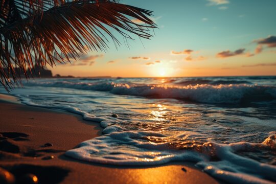 Ocean wave cradling palm tree with sunlit backdrop, best summer image
