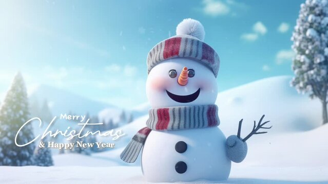 Funny snowman in stylish red hat and red scalf on snowy field during snowing