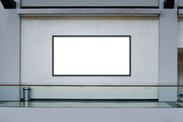 Horizontal advertising blank mockup on light textured wall. OOH out of home framed poster template. Modern shopping mall interior. Transparent PNG file