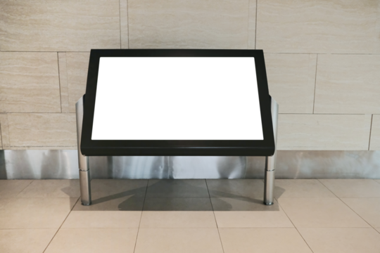 Information kiosk blank template mockup in front of clean tiled wall. Mock up for street map or shopping mall retail floor directory. Directional sign or locality map. Transparent PNG file