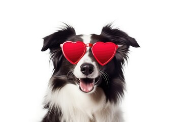 Funny puppy in red heart-shaped glasses