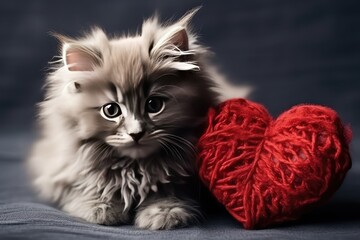 A red knitted heart in the paws of a cat
